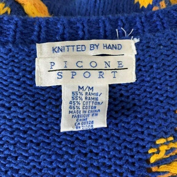 Vintage 80s Hand Knitted Cardigan Sweater M Blue Crest Shoulder Pads Embroidered - Picture 9 of 9